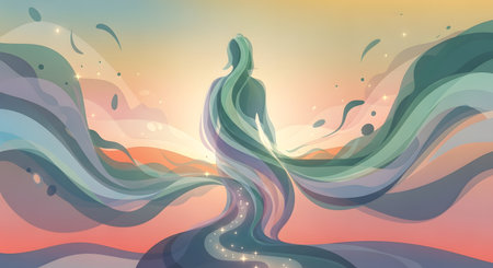An abstract, stylized illustration of a feminine silhouette against a soft, glowing, pastel-colored sky. The figure is made of flowing, ethereal, translucent waves and swirls of green, purple, and blue, representing spirit, wellness, and harmony. The image conveys a sense of peace, meditation, and connection to nature.の素材