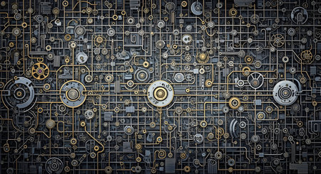 A highly detailed and complex background of interconnected mechanical parts, gears, cogs, pipes, and circuits. The intricate network, in metallic silver and gold tones, resembles a steampunk machine, a complex engine, or a futuristic circuit board.の素材