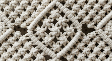 An extreme close-up,macro shot of a handmade macrame piece,showing the intricate pattern of square knots. The off-white cotton rope is tightly woven,creating a detailed and rustic textile background.の素材