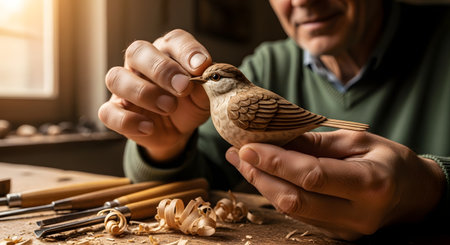 A close-up shot of an older man's hands gently holding and admiring a beautifully detailed, hand-carved wooden bird. He is sitting at a workbench with wood shavings and carving tools, smiling softly at his finished creation. This image represents skill, craftsmanship, passion, and a fulfilling hobby.の素材
