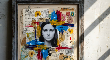 A framed mixed-media collage art piece. The artwork features a central black and white photograph of a woman's face, layered over vintage paper, handwritten letters, maps, and stamps, and finished with thick, expressive strokes of blue, yellow, and red paint.の素材