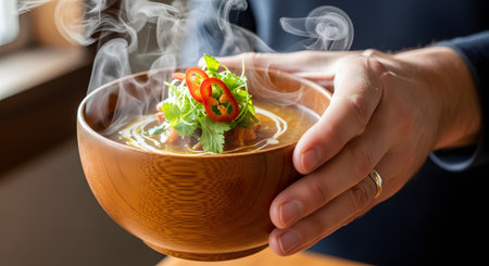 A person's hands hold a wooden bowl of hot, steaming soup, garnished with fresh cilantro and sliced red chili. The rising steam indicates the food is freshly made and warm, offering a sense of comfort and coziness.の素材