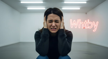 A distressed woman sits in a stark, white, empty room, squeezing her eyes shut and covering her ears with her hands. She appears to be in pain or overwhelmed by a loud noise. A pink neon sign in the background spells out the word 'Whitby'.の素材