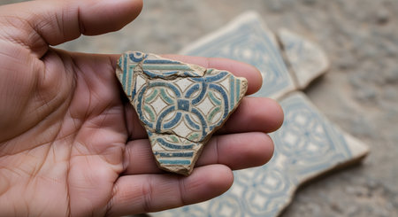 An archaeologist or historian's hand holds a fragment of a broken, ancient ceramic tile with an intricate blue and green geometric pattern. Other broken pieces lie in the background, suggesting an archaeological dig or historical discovery.の素材