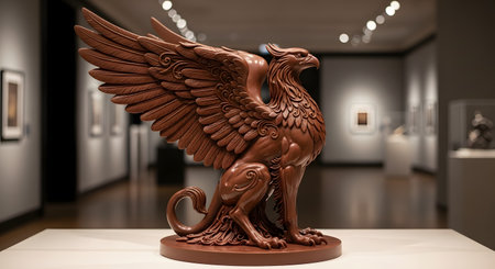 An intricately detailed sculpture of a mythical griffin, expertly crafted from rich brown chocolate. The edible art piece is displayed on a pedestal in a modern art gallery setting, showcasing culinary artistry and craftsmanship.の素材