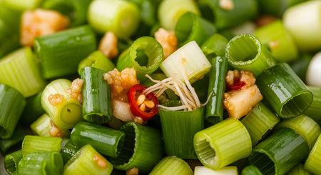A vibrant macro close-up of freshly chopped green onions, also known as scallions. The pile of fresh ingredients is mixed with minced garlic and slices of red chili, ready to be used as a garnish or for cooking.の素材