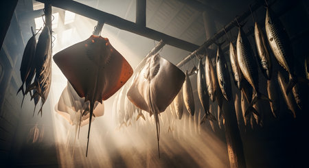 An atmospheric low-angle shot inside a rustic smokehouse where fish, including mackerel and stingrays, hang from wooden racks to be cured or dried. Dramatic rays of light stream in from a window above, illuminating the smoky, dusty air. This image evokes traditional food preservation, artisan processes, and a moody atmosphere.の素材