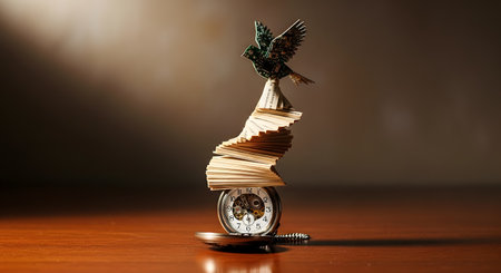 A surreal conceptual sculpture on a wooden table, lit by a spotlight. At the base is a vintage pocket watch, supporting a spiraling tower of book pages, topped with a small bird made from a green circuit board. The image represents the relationship between time, knowledge, and technology.の素材