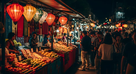 A bustling Asian night market is brightly illuminated by the warm glow of traditional red and yellow paper lanterns. Crowds of people explore the lively street, which is lined with stalls selling fresh fruit and other local goods, capturing a vibrant cultural experience.の素材