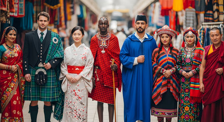 A group of diverse people from various cultures standing side-by-side in a line, all wearing their traditional clothing. The image represents multiculturalism, diversity, and global community, set against the backdrop of an outdoor market.の素材