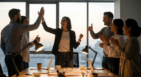 A diverse group of happy and excited business colleagues celebrates a victory together in a modern office at dusk. One woman gives a high-five to a male coworker while others clap and give thumbs up, symbolizing teamwork, success, and achievement.の素材