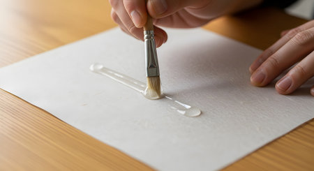 A close-up shot of a person's hand holding a small paintbrush to apply a clear gel or glue onto a sheet of white textured paper. The scene takes place on a wooden table, suggesting a craft, bookbinding, or art project.の素材