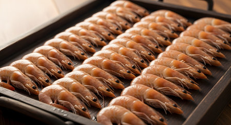 Neatly arranged rows of fresh, raw pink shrimp are displayed on a dark wooden tray. The close-up shot highlights the texture and color of the seafood, ready for cooking as a gourmet ingredient.の素材