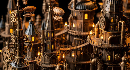 A highly detailed miniature model of a fantasy steampunk city, featuring intricate towers, bridges, gears, and zeppelins. The brass and bronze structures are illuminated with warm, glowing lights, creating a complex and imaginative world of Victorian science fiction.の素材