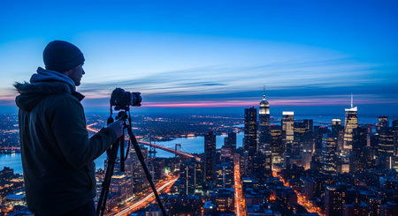 A photographer stands on a rooftop with a camera on a tripod,capturing the New York City skyline at dusk. The city lights are illuminated against the deep blue and pink sky (blue hour),showcasing the iconic Manhattan skyscrapers and a bridge.の素材
