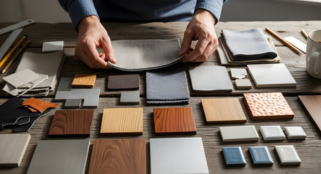An interior designer's hands arrange a selection of material samples on a rustic wooden table. The mood board includes various fabric swatches, wood finishes, metal pieces, and ceramic tiles for a design project.の素材
