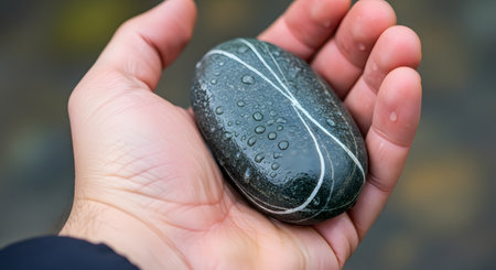 A close-up of a person's hand holding a smooth, dark, oval-shaped stone. The stone is wet, covered in small water droplets, and has distinct white lines or veins running across it. The image evokes a sense of calm, nature, and discovery.の素材