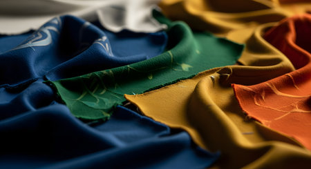 A close-up, selective focus shot of colorful fabric swatches draped in soft folds. The materials, in shades of blue, green, yellow, and orange, show a subtle texture and pattern, creating a vibrant and abstract textile background.の素材