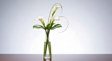 A minimalist and elegant floral arrangement of three white calla lilies and monstera leaves in a tall, clear glass vase. The arrangement, in an ikebana style, is set on a dark wooden table against a clean, white-to-grey gradient background. The image conveys simplicity, purity, and elegance.の素材