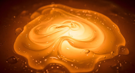 An extreme macro close-up of a viscous,golden liquid,such as honey,syrup,or cosmetic gel. The thick substance forms a glowing,translucent swirl with bubbles,creating an abstract texture.の素材