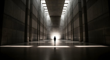 A lone person stands silhouetted in the center of a vast, cavernous hall made of brutalist concrete architecture. Light streams in from rectangular skylights in the high ceiling, creating stark pools of light on the reflective dark floor. The image conveys solitude, scale, minimalism, and a sense of awe.の素材