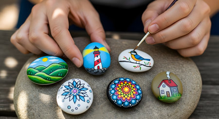 A person's hands are shown carefully painting intricate and colorful designs, such as a bird and a lighthouse, onto small, smooth stones with a fine brush. This image captures the creative and relaxing hobby of rock painting, a form of handmade art.の素材