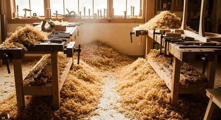 A sunlit woodworking workshop filled with massive piles of wood shavings covering the floor and two large workbenches. Various carpentry tools are visible on the benches and on a rack by the window. The image conveys a sense of busy craftsmanship, manual labor, and the tactile nature of carpentry.の素材