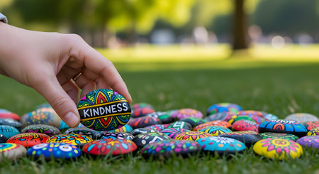A person's hand places a colorfully painted stone with the word 'KINDNESS' onto a patch of green grass. The stone joins a larger group of similarly painted rocks, suggesting a community art project or a message of positivity.の素材