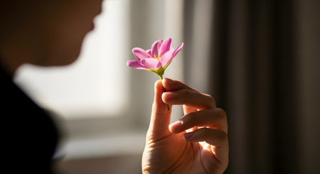 A person's hand is shown in soft, natural light, delicately holding a single pink cosmos flower. The person's face is silhouetted in the foreground, creating a gentle, pensive, and hopeful mood.の素材
