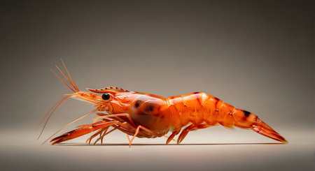 A detailed, side-profile studio photograph of a single red shrimp on a plain, neutral background. The shrimp's vibrant orange-red shell, long antennae, and legs are in sharp focus. This image highlights the creature's texture and form.の素材