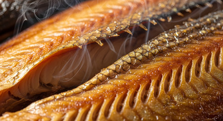 A detailed macro photograph of freshly smoked fish, with delicate wisps of steam rising from the golden-brown, flaky flesh. The image highlights the texture of the crispy skin and the rich color of the cooked seafood.の素材