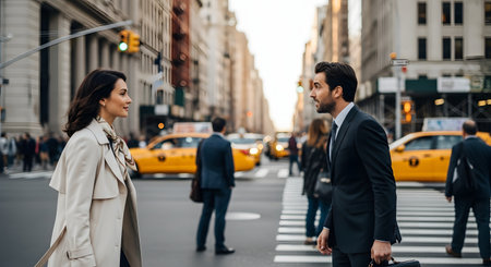 Two professional business colleagues, a man and a woman, are having a conversation while standing on a crosswalk on a busy New York City street. Yellow taxis and other pedestrians are visible in the blurred background. The image suggests urban life, business communication, and a chance meeting.の素材
