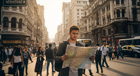 A young male tourist stands in the middle of a bustling, crowded city street, looking at a paper map with a confused or concerned expression. He appears lost, representing the challenges of travel, adventure, exploration, and finding one's way in a new place.の素材