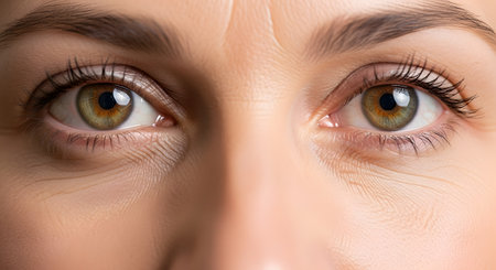 An extreme close-up macro shot of a woman's green-hazel eyes, showing fine lines, wrinkles, and crow's feet. The image focuses on the natural texture of the skin, representing aging, wisdom, life experience, and the concept of beauty at any age.の素材