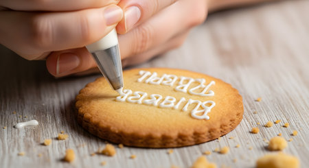 A close-up of a person's hands using a piping bag to write a message with white royal icing on a round shortbread cookie. The cookie sits on a wooden table with crumbs scattered around. This shows baking, decorating, and a personal touch.の素材