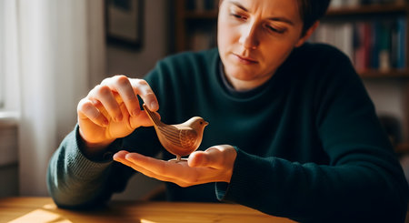 A person with short hair, wearing a dark sweater, sits at a wooden table intently examining a small, carved wooden bird. They hold the figurine gently in their palm, inspecting the craftsmanship. The background is a soft-focus room with a window and bookshelves.の素材