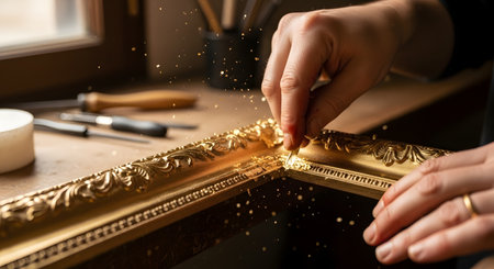 A close-up shot of an artisan's hands meticulously restoring an ornate, gilded picture frame. The restorer is applying gold leaf flakes to the corner of the antique frame. This image represents craftsmanship, restoration, art, and precision.の素材