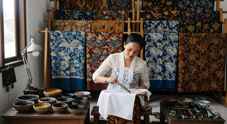 An Indonesian woman wearing a traditional white lace kebaya and sarong is focused on making batik. She is using a 'canting' tool to apply wax to a white cloth in her workshop, surrounded by colorful batik fabrics and bowls of dye.の素材