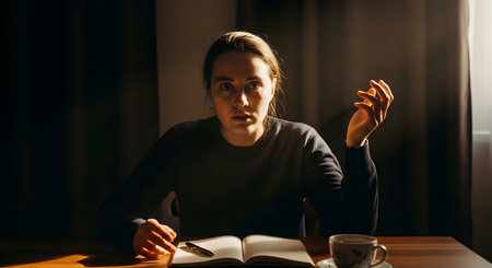 A woman sits at a wooden desk in a dark room, illuminated by a single, dramatic light source. She has a pensive or slightly startled expression, with an open notebook and a pen in front of her, conveying a mood of intense thought, writing, or stress.の素材