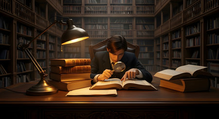 A young man in a suit sits at a large wooden desk in a vast, classic library, surrounded by bookshelves. He is using a magnifying glass to closely examine a large, old, open book. A desk lamp illuminates his work, along with a stack of other large books.の素材