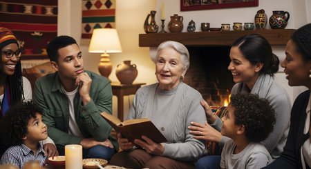 A loving,multi-generational,and diverse family is gathered in a cozy living room. An elderly grandmother sits in the center,reading a story from a book to her attentive children and grandchildren,who surround her with smiles.の素材