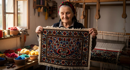 A smiling elderly woman with a headscarf sits in her workshop and proudly displays a small, colorful, handmade woven rug with intricate patterns. In the background, a loom and bowls of colorful yarn highlight the traditional craft of weaving and cultural heritage.の素材