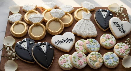 A beautiful assortment of custom-decorated sugar cookies for a wedding celebration. The cookies are shaped like diamond rings, tuxedos, wedding dresses, and hearts with 'Mr & Mrs' calligraphy, arranged on a wooden board.の素材
