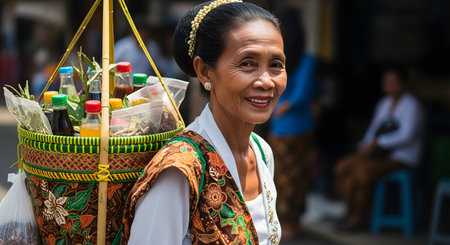 A portrait of a smiling, elderly Indonesian woman, a traditional 'Jamu Gendong' seller, in classic Javanese attire including a batik scarf. She carries a woven basket on her back filled with bottles of Jamu, traditional herbal medicine, in a local market.の素材