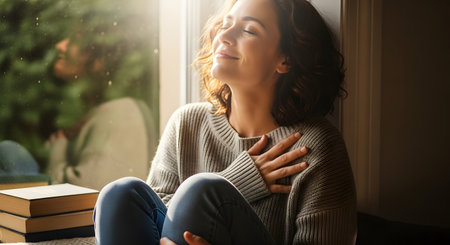 A serene woman with her eyes closed and a gentle smile, sits by a window, bathing in warm sunlight. She wears a cozy knit sweater and has her hand on her heart, conveying a deep sense of peace, gratitude, and mindfulness. This image represents self-care, relaxation, and contentment.の素材