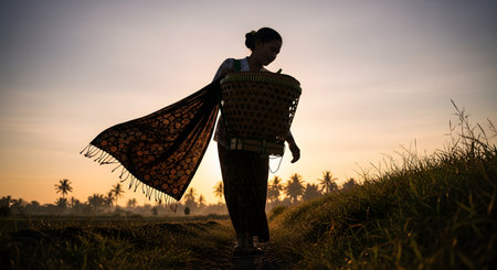 A beautiful silhouette of a woman in traditional Indonesian attire, carrying a large woven basket on her back. She is walking along a path in a rice paddy field at sunrise, with palm trees in the background.の素材