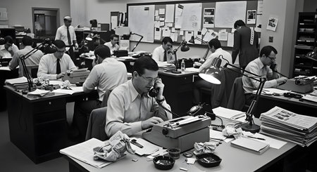 A bustling, vintage black and white photograph of a 1960s or 1970s newsroom. Male journalists in shirts and ties are busy at their desks, using typewriters and rotary phones, capturing a nostalgic era of reporting and deadlines.の素材