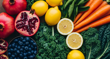 A colorful top-down flat lay of fresh, healthy fruits and vegetables. The vibrant arrangement includes pomegranates, lemons, a bowl of blueberries, carrots, and lush green kale, symbolizing nutrition, a healthy diet, and clean eating.の素材