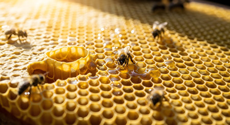 A macro close-up of bees on a golden honeycomb in a hive, illuminated by bright sunlight. The hexagonal cells are filled with glistening, fresh honey. The bees are actively working on the comb.の素材