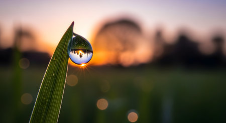 A stunning macro photograph of a single,perfect water droplet hanging from the tip of a green blade of grass. The rising sun is captured and refracted inside the dew drop,which acts as a lens,with a soft,blurred bokeh background.の素材